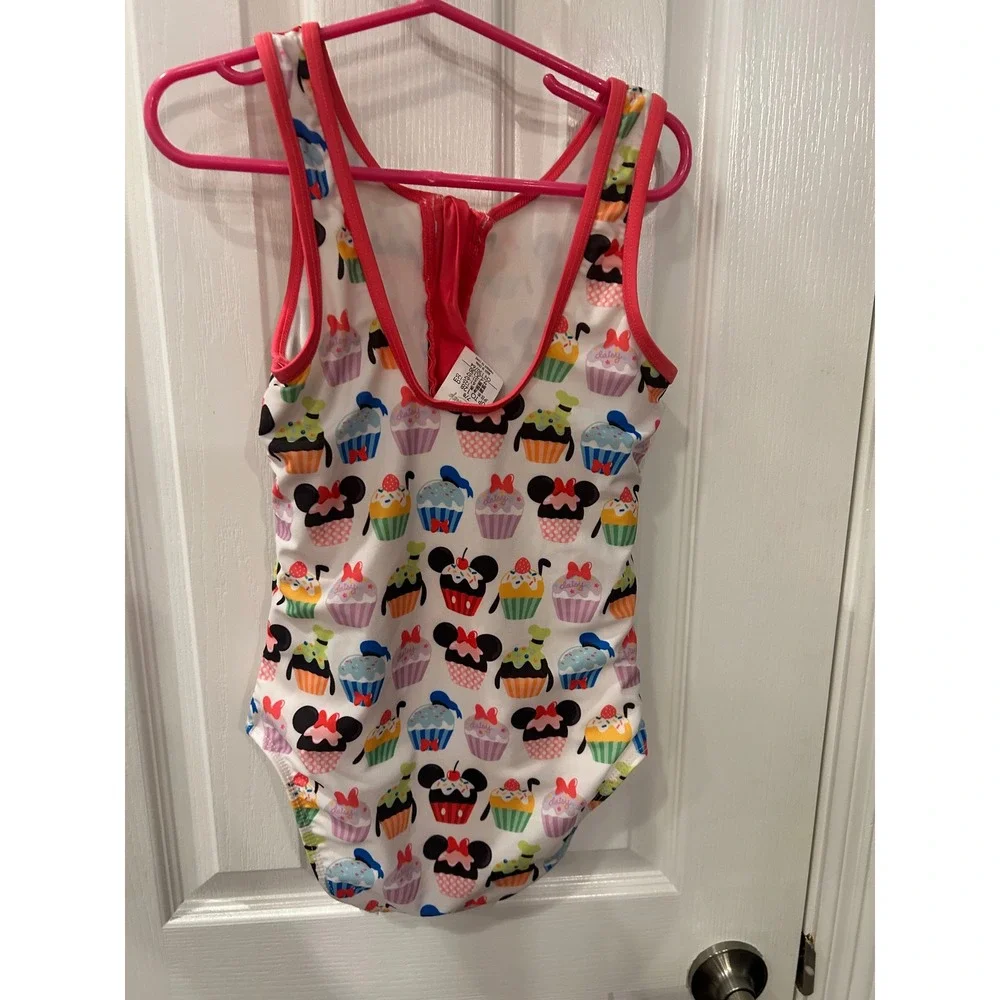 Disney‎ parks Swimsuit White Mickey Minnie Cupcake Print One Piece Zip bin B